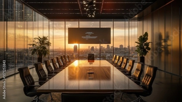 Fototapeta Modern Boardroom Meeting Room With City Skyline View And Sunset - 3D Rendering
