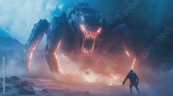 Obraz Man in Futuristic Suit Faces Massive Alien Creature