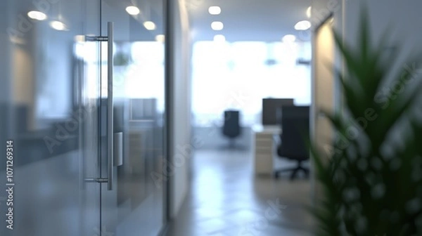 Fototapeta Blurred office interior background with a blurred door and glass wall, blurry bokeh light effect for a business concept design. High-quality photo, taken with a telephoto lens in realistic daylight.