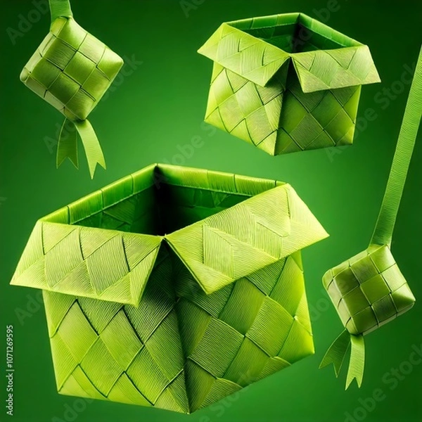 Obraz ketupat open cube/box texturing, Green background in studio. Perfect for ramadan promo