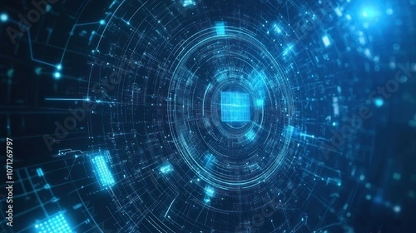 Fototapeta Glowing Blue Circuit Board Design with Lines and Circles