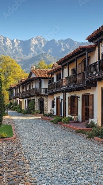 Fototapeta Charming Mountain Lodge with Cobblestone Pathway and Scenic Views of Majestic Peaks Lined by Cozy Cabins Perfect for a Rustic Retreat Amidst Nature