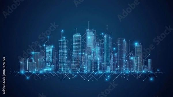 Fototapeta Interconnected City Skyline Depicted with Lights and Lines on Dark Background