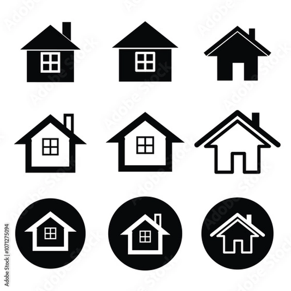 Fototapeta Collection home icons. House symbol. Set of real estate objects and houses black icons isolated on white background. Vector illustration.