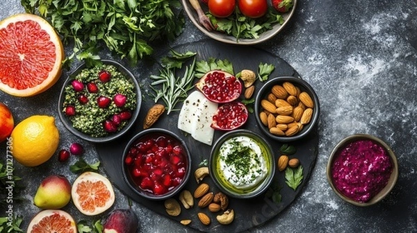 Fototapeta Mediterranean platter with colorful Mediterranean platter and fresh Mediterranean platter ingredients on rustic stone background, Cereals, salads, fresh vegetables and fruits