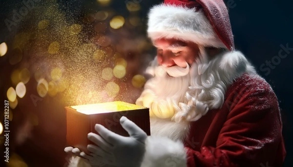 Fototapeta Santa Claus opens a magical Christmas gift, with sparkling light particles around the gift box, creating a magical atmosphere.