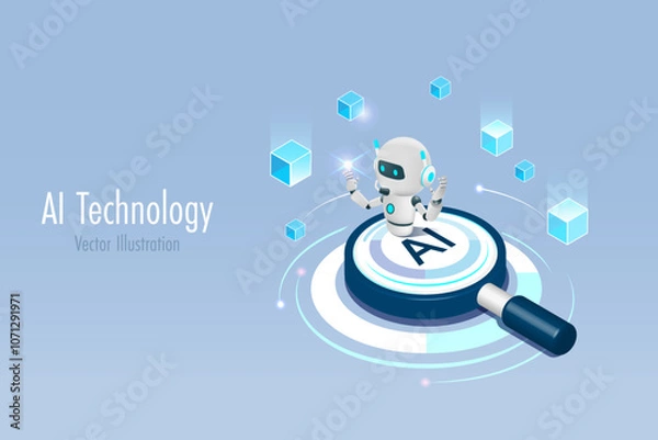 Obraz Artificial intelligence robot on AI magnifying glass with block chain. Powerful search engine innovation technology to defines smart solution in futuristic background. 3D vector.