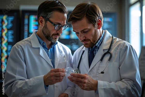 Fototapeta Two scientists in lab coats examine a DNA model, focused and collaborative. Advanced tech background highlights professionalism. Genetics research, scientific inquiry.