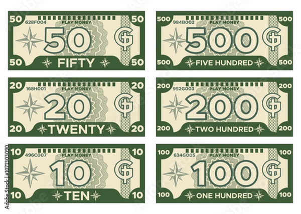 Obraz A set of play money. Isolated on white background. Vector illustration.