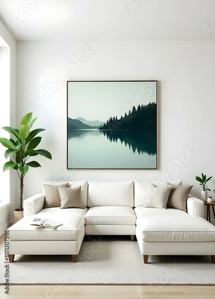 Fototapeta A minimalist living room with a large abstract landscape painting on the wall, a white sectional sofa, and a potted plant.
