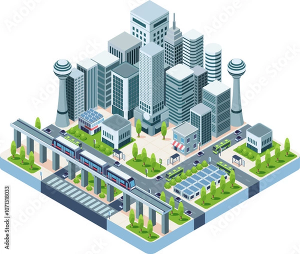 Fototapeta Isometric Metropolis Transportation System with Elevated Rail Transport