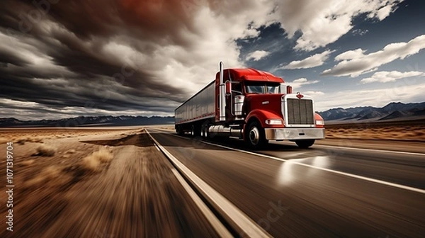 Fototapeta A lone red semi-truck speeds down a desolate highway under a dramatic, stormy sky, traversing a vast and empty desert landscape
