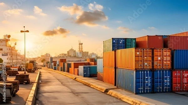Fototapeta Port with Shipping Containers Stacked at Sunset