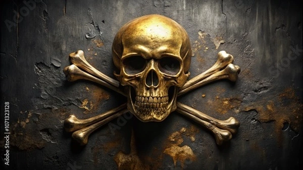 Fototapeta Weathered Golden Skull and Crossbones on Black Background for Halloween or Pirate Themes, Symbolizing Danger, Adventure, and Mystery in a Striking Visual Contrast
