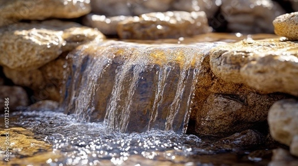 Fototapeta Closeup of a small waterfall flowing over rocks.