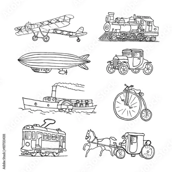 Obraz Retro transport. Old times. Airplane, locomotive, zeppelin, automobile, steamboat, bicycle, tram, diligence. Vector. Isolated on a white background. Doodles. Sketch.