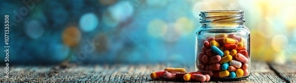 Fototapeta An assortment of colorful pills and capsules spilled out of amber bottles, highlighting various shapes and sizes against a wooden surface.