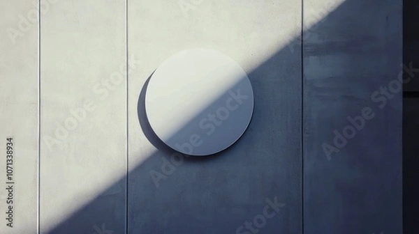 Fototapeta A blank circular sign on a concrete wall with a diagonal shadow.