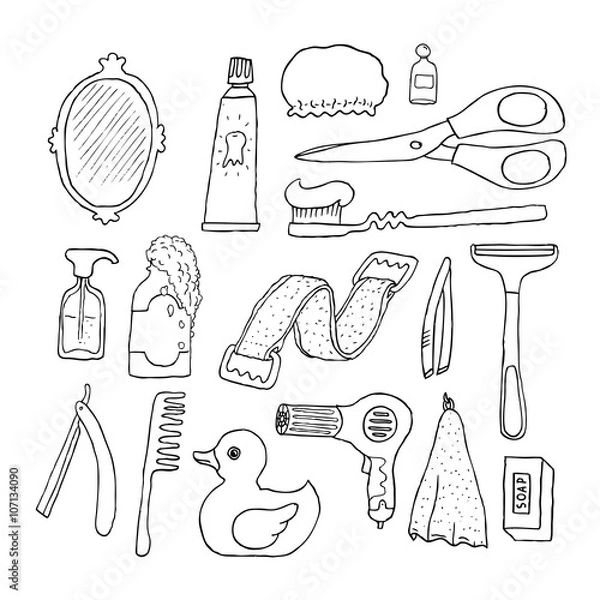 Obraz Bathroom. Cosmetics objects. Doodles. Isolated. Vector.