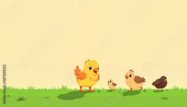 Obraz Mother chick and three baby birds on green grass with yellow background