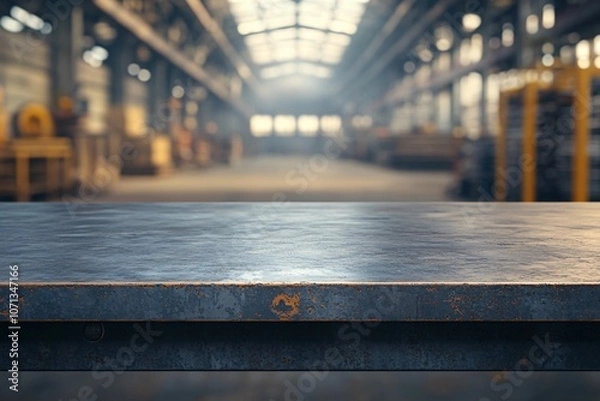 Fototapeta Blurred background of an industrial workshop with a focus on an empty metallic table in the foreground, perfect for product display or design mockups.