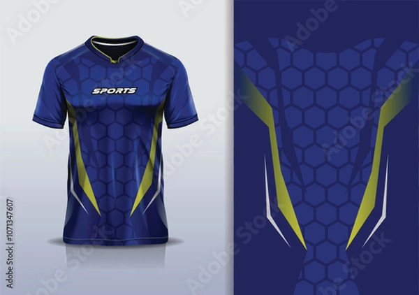 Fototapeta Sport jersey design template mockup polygon hexagon pattern for football soccer, running, esports, blue gold color