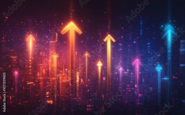 Fototapeta Futuristic growth arrow diagram represents digital innovation on a high-tech backdrop. Large scale data analysis drives financial progress in trading and investing.