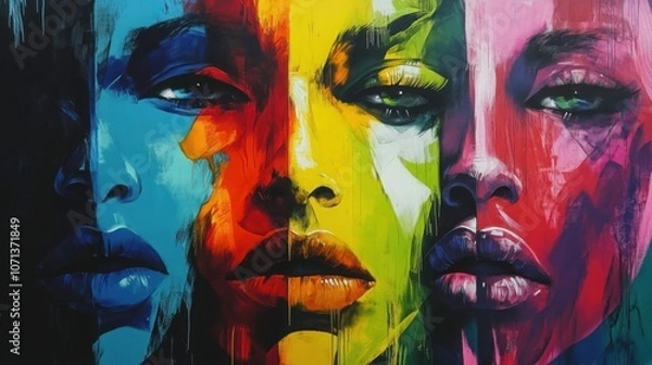 Obraz Graffiti-style painting of abstract faces, vibrant colors, urban and edgy