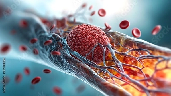 Fototapeta intricate visualization of deep vein thrombosis showcasing the clot formation within the vascular system, highlighting the narrowing of the blood vessel and potential risk of blood flow obstruction.
