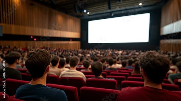 Fototapeta Full audience in university auditorium during academic lecture, showcasing engaged students and large screen presentation. atmosphere is focused and attentive