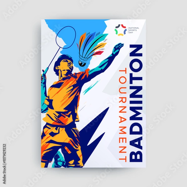 Obraz badminton sports concept poster design, vector illustration of a badminton athlete with a jumping smash. colored silhouette style design, grunge. badminton national sports day celebration design conce