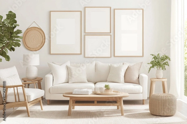 Obraz Modern living room with gallery wall with white posters, neutral furniture and stylish coffee table, photo mockup