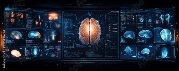 Fototapeta A sophisticated AI medical display featuring multiple blue and orange brain anatomy images, representing the fusion of AI and neuroscience in medical technology