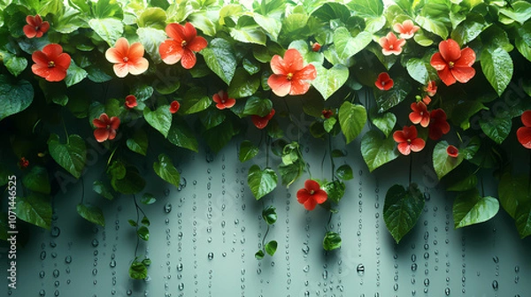 Fototapeta Bright, beautiful vines with lush green leaves, curling gracefully as they climb and cascade. The vibrant foliage is accented with small blossoms or tendrils, adding touches of color and texture.
