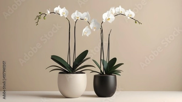 Fototapeta Elegant white orchids in minimalist pots enhance tranquil home decor during afternoon light. Generative AI