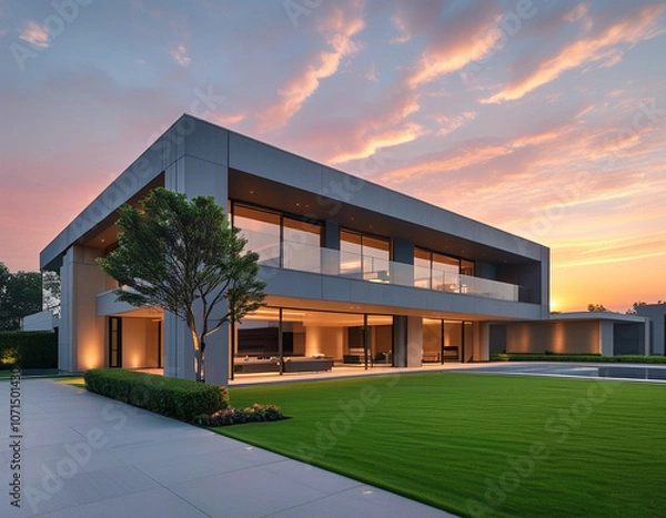 Obraz a high-resolution image of a minimalist luxury property exterior at sunrise or sunset.