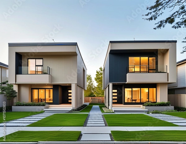 Fototapeta A simple two-tone duplex with light and dark beige siding and a low-pitched roof. Each unit has a small front porch with a paved path dividing the front lawn into two separate areas, each with minimal