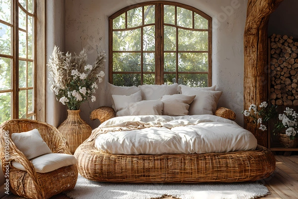 Fototapeta The bedroom has rattan furniture and a blank wall for mockups