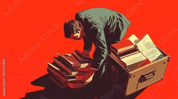 Fototapeta An employee is packing up tidying up company notebooks and important documents, a still life object displays the busyness of the employee on a minimalist background