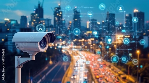 Fototapeta White security camera on the left side of an urban background with icons representing data and internet connection floating, with buildings or city view in the background