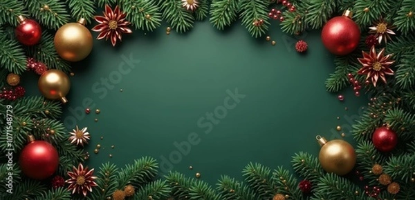 Obraz a christmas frame with red and gold ornaments on a green background