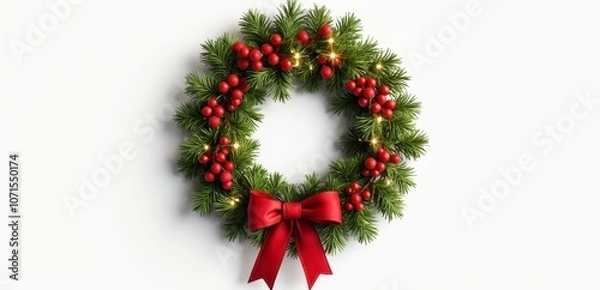 Obraz A christmas wreath with a red bow on a white background
