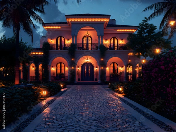 Fototapeta 3D Render Night House, Cobblestone Path, Palms, Lanterns Illustration