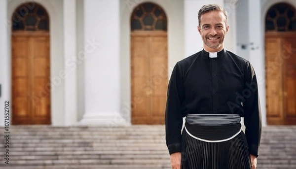 Fototapeta A Christian priest standing outside in front of the church and smiling