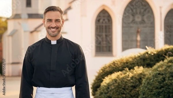 Fototapeta A Christian priest standing outside in front of the church and smiling