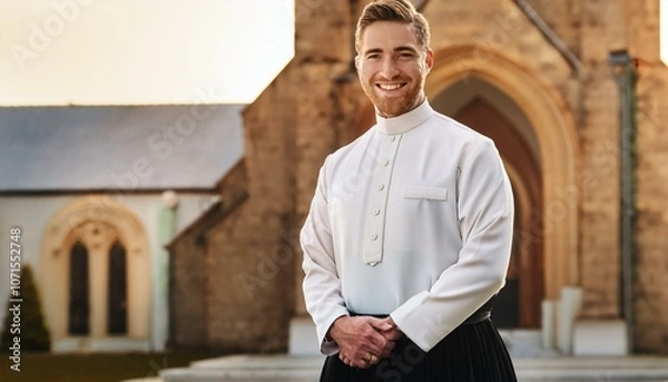 Fototapeta A Christian priest standing outside in front of the church and smiling