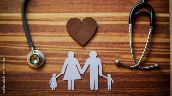 Obraz Family Health and Wellness Concept with Heart and Stethoscope