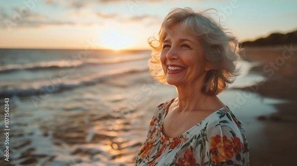 Obraz Joyful Senior Woman Smiling by the Beach at Sunset in Floral Dress