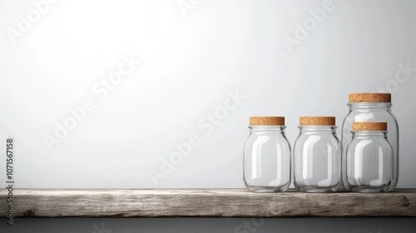 Fototapeta Empty Glass Jars with Cork Lids on Rustic Shelf