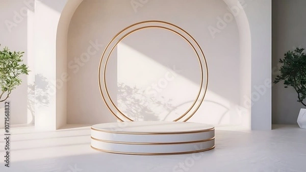 Fototapeta Modern Minimalist 3D Podium Render for Product Display, Luxury 3D Stage Podium with Reflections and Lighting Effects